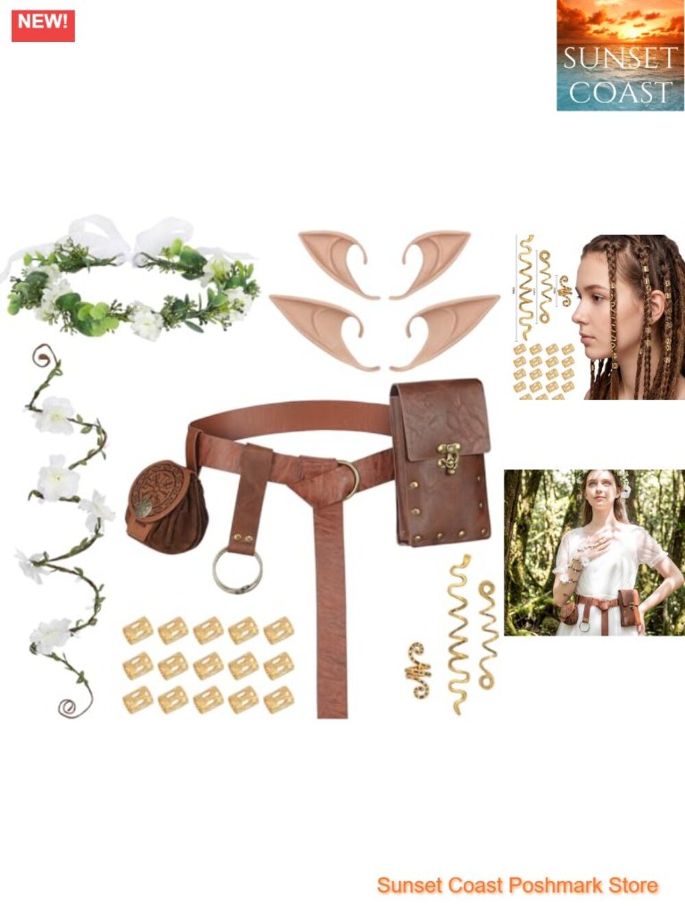 Renaissance Accessories Set Women Medieval Costume Headpiece Belt Pouch Elf Ears